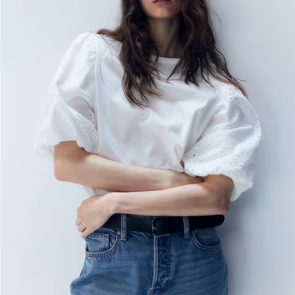 3/$25 Elegant White Eyelet Puff Sleeve Top
